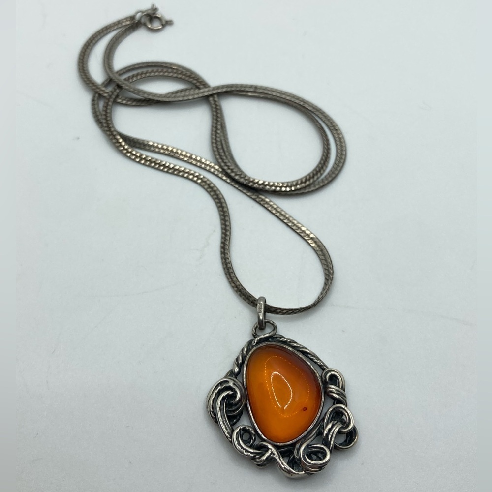 Vtg Sterling Amber Stone Ornate Pendant w Long Chain 23” & 1.5” Pendant